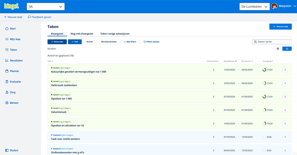 Duidelijk overzicht van de taken in de nieuwe versie van Bingel