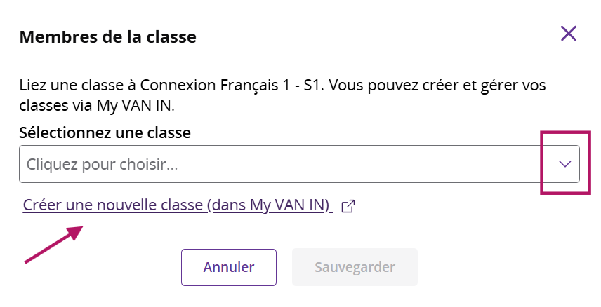 Menu déroulant de sélection d'une classe My VAN IN