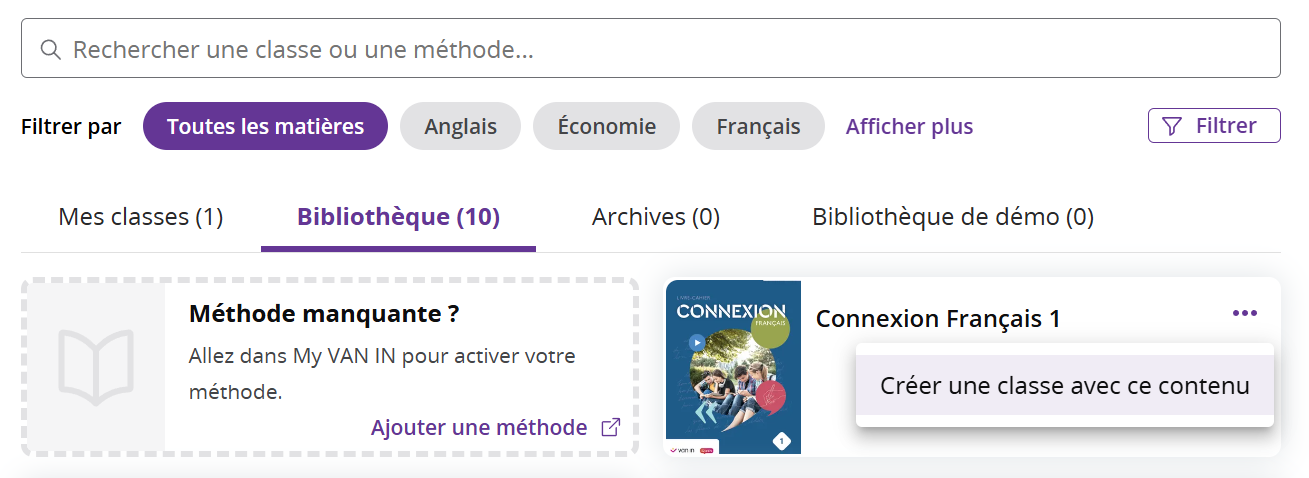 Menu ⋯ ouvert sur la couverture d'une méthode, option « Créer une classe avec ce contenu »